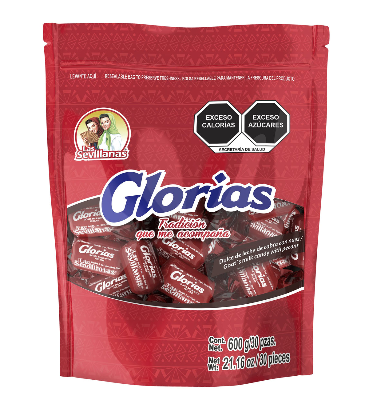 Las Sevillanas Gloria Chewy Dulce de Leche Candies with Pecans bag—rich caramel flavor for desserts.