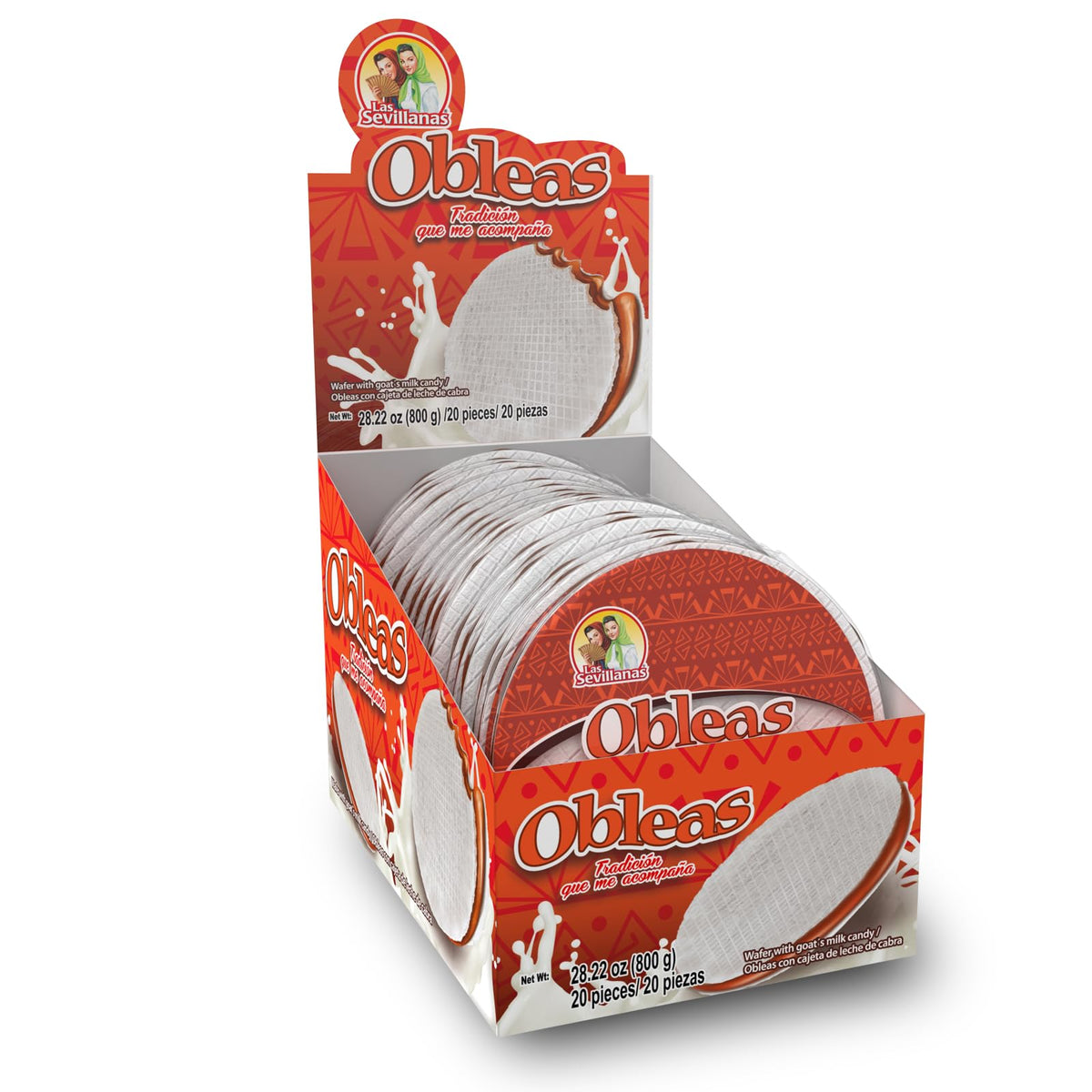 Las Sevillanas Obleas pack front with 20 individually wrapped wafers for sharing