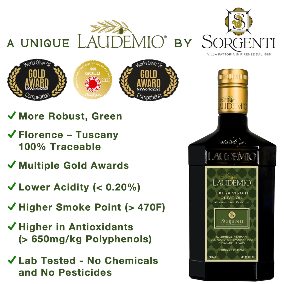 Laudemio Sorgenti early harvest olive oil with grassy notes for vegetables