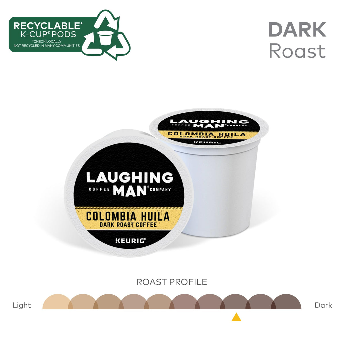 Laughing Man Arabica coffee pods ready for Keurig machines in seconds.