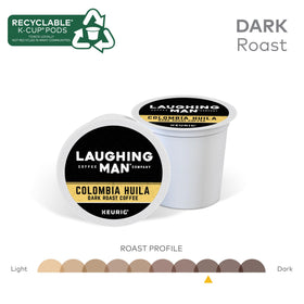 Laughing Man Arabica coffee pods ready for Keurig machines in seconds.