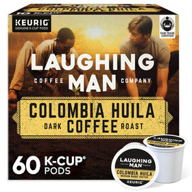 Laughing Man Colombia Huila K-Cup pods front view, rich dark roast aroma.