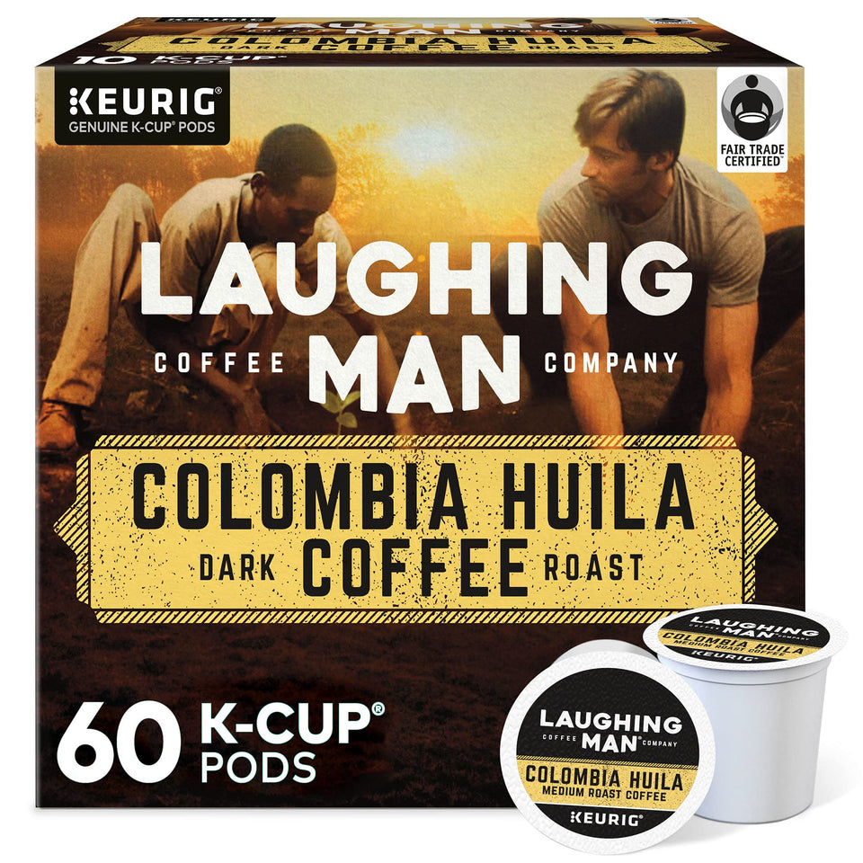 Laughing Man Colombia Huila K-Cup pods front view, rich dark roast aroma.