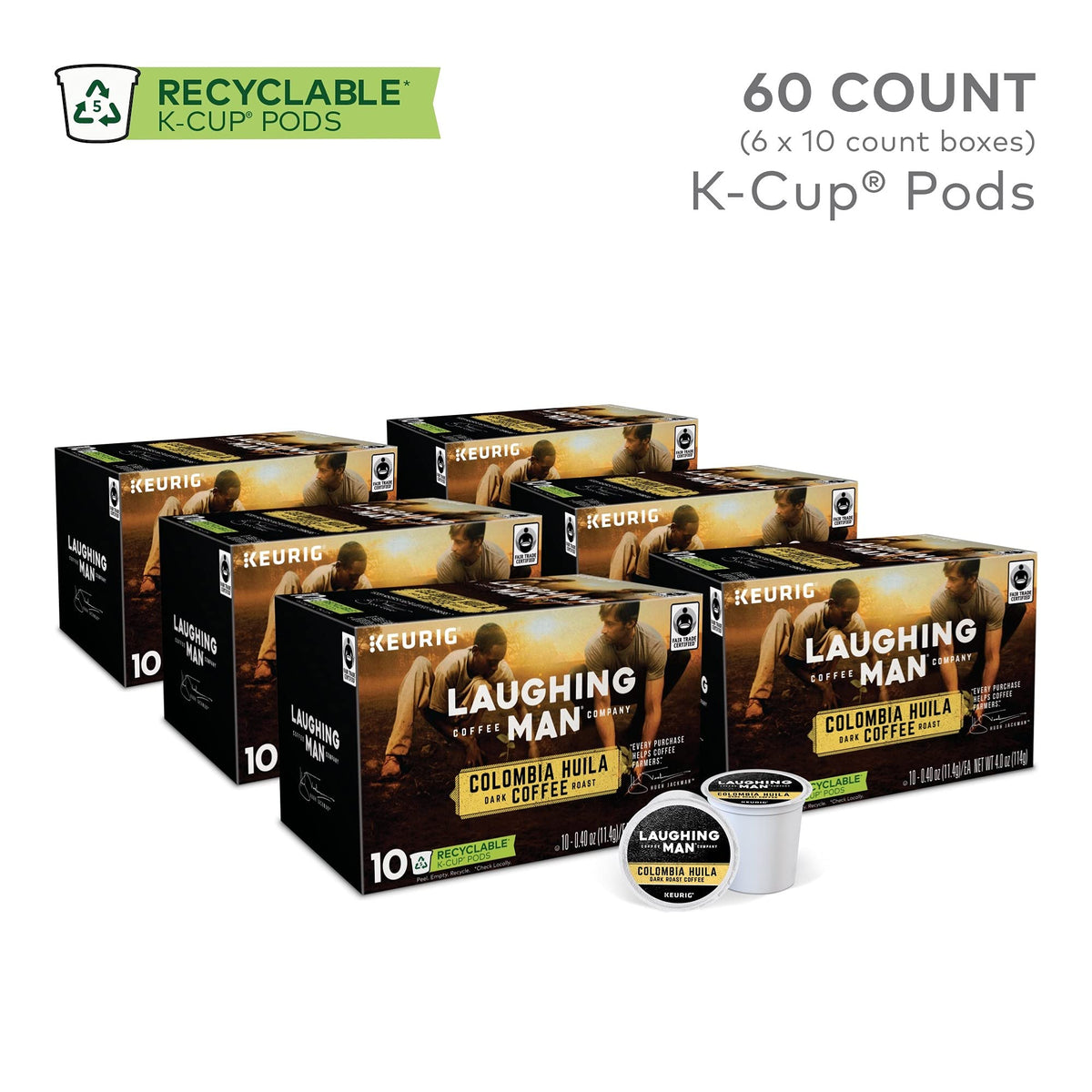 Laughing Man Colombia Huila K-Cup packaging for convenient single-serve mornings.
