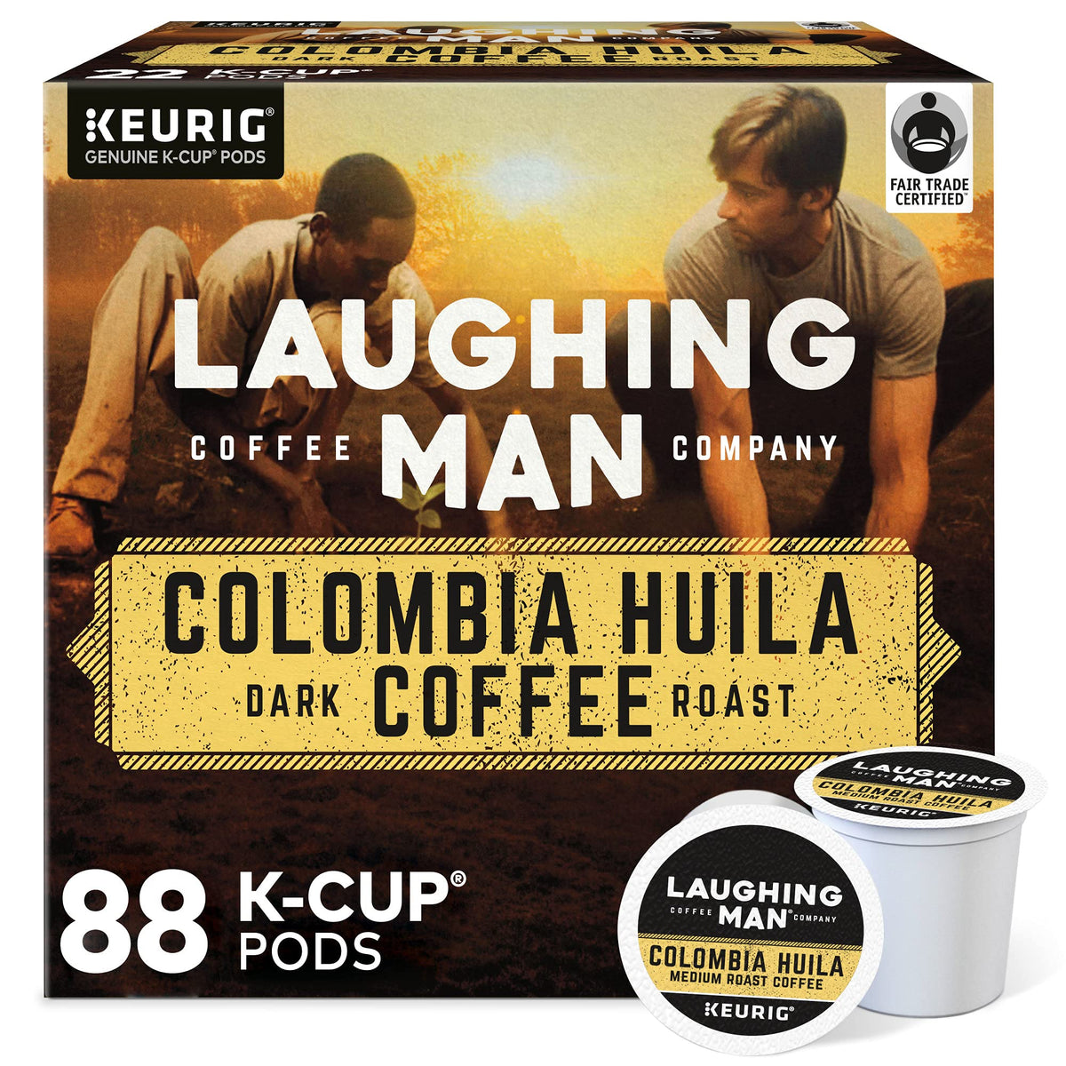 Laughing Man Colombia Huila K-Cup pods on a kitchen counter for quick, single-serve mornings.