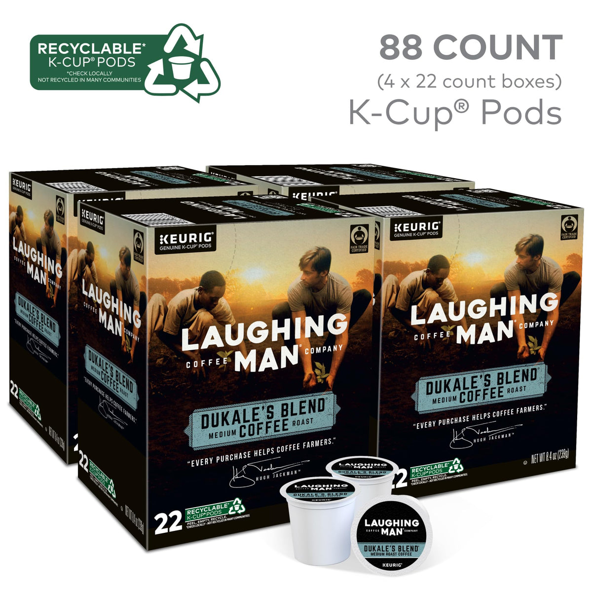 Packaging display of Laughing Man Dukale's Blend for versatile Keurig use.