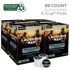 Packaging display of Laughing Man Dukale's Blend for versatile Keurig use.
