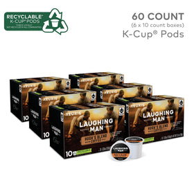 Closeup of Laughing Man Hugh's Blend K-Cup pod highlighting fresh-ground Arabica.