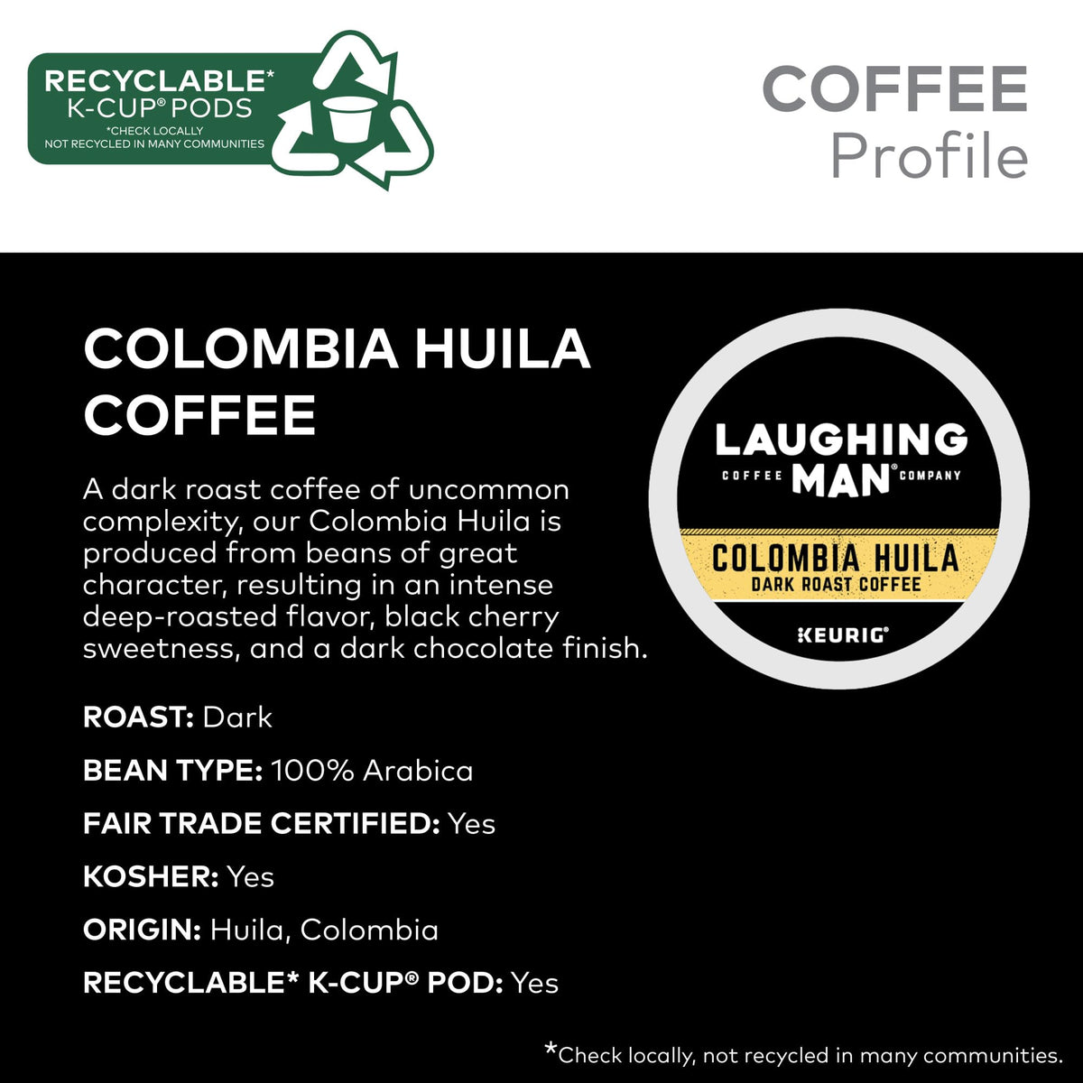 Laughing Man recyclable K-Cup packaging highlights eco-friendly option.