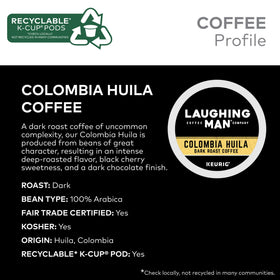 Laughing Man recyclable K-Cup packaging highlights eco-friendly option.