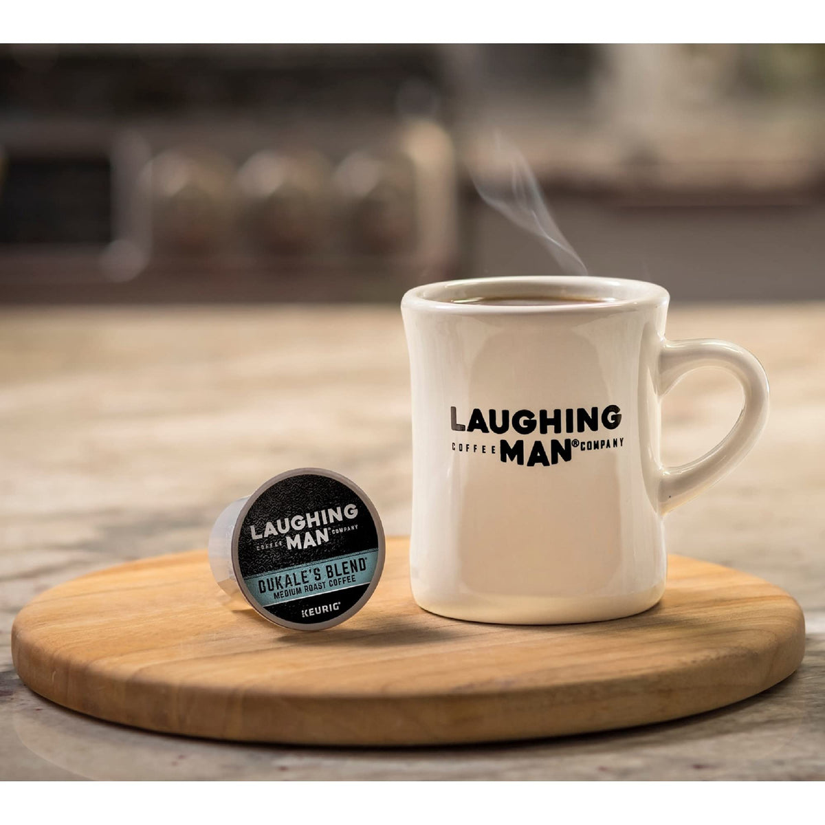 Recyclable K-Cup pod design for Laughing Man coffee lovers.