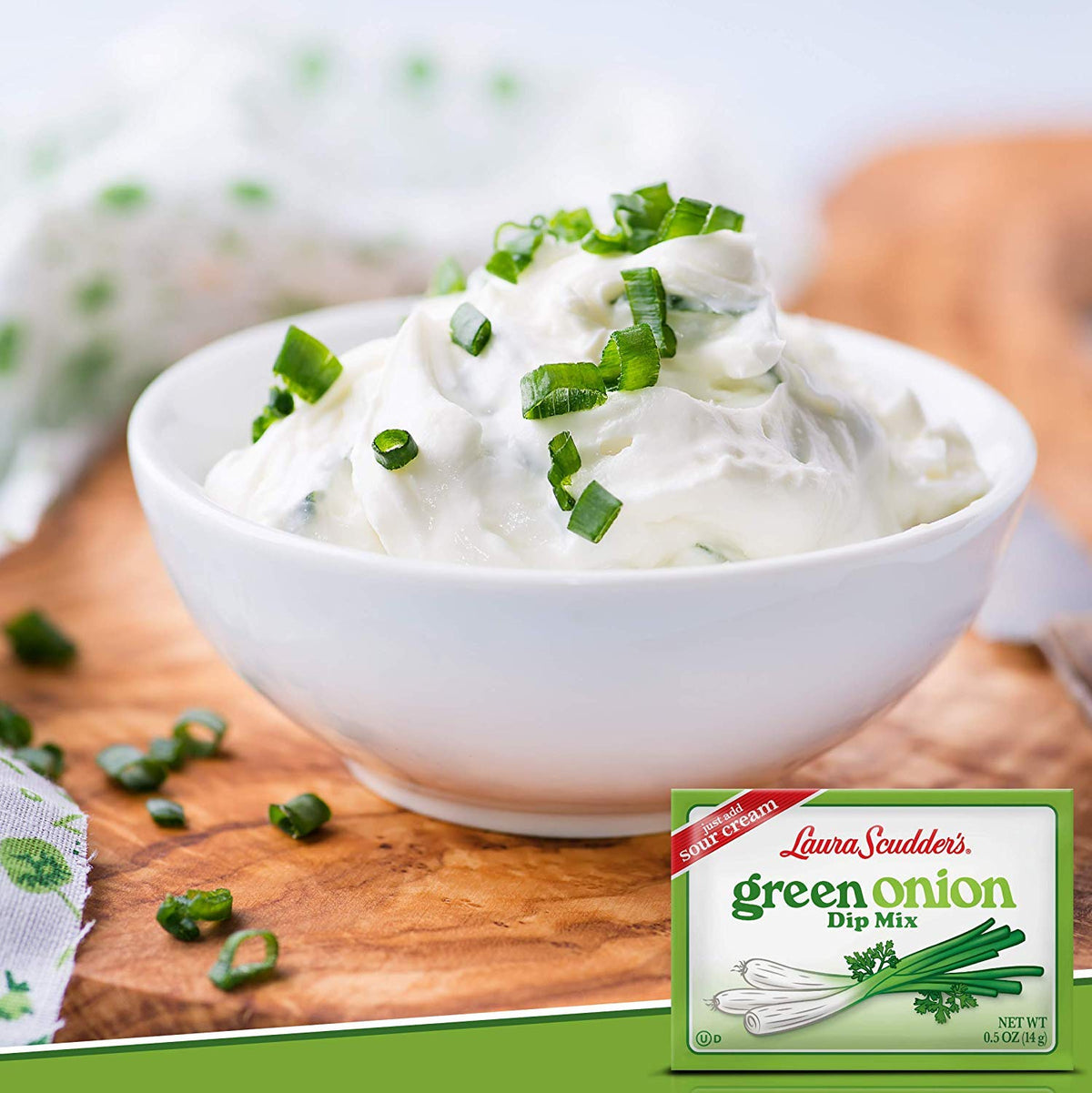 Bright kitchen scene featuring Laura Scudder's Green Onion Dip Mix for everyday snacks.
