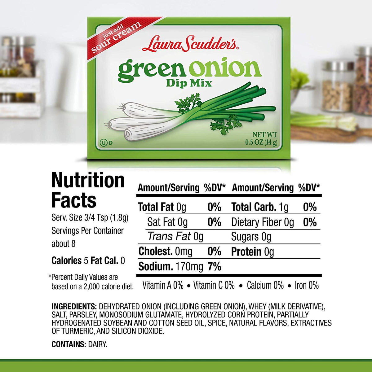 Measuring spoon with Laura Scudder's Green Onion Dip Mix for easy portioning.