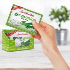 Stack of Laura Scudder's Green Onion Dip Mix 12-pack in a retail display.