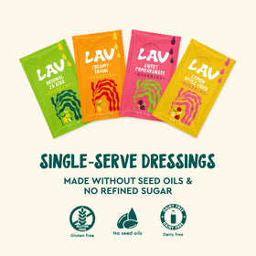 Lav Dress Well dressing pour shows smooth avocado-olive oil blend for salads.