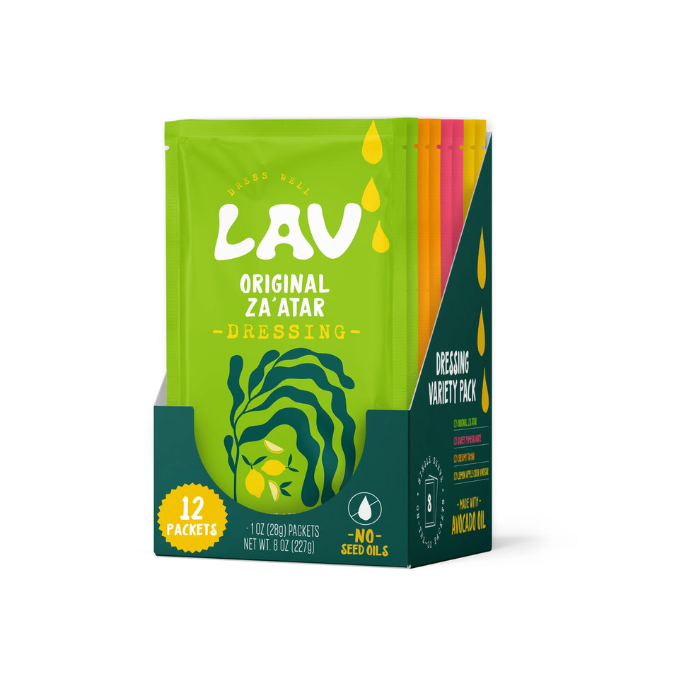 Lav Dress Well single-serve dressing packaging for mess-free on-the-go meals.