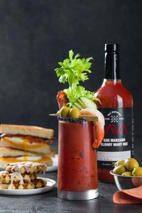 LAVA Bloody Mary Mix glass ready with ice demonstrates convenient serving