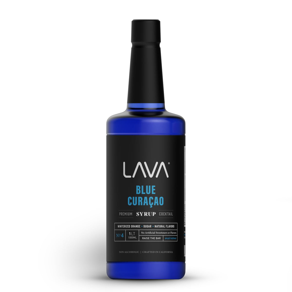 LAVA Blue Curacao Syrup bottle held high for vibrant cocktails.