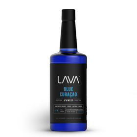 LAVA Blue Curacao Syrup bottle held high for vibrant cocktails.