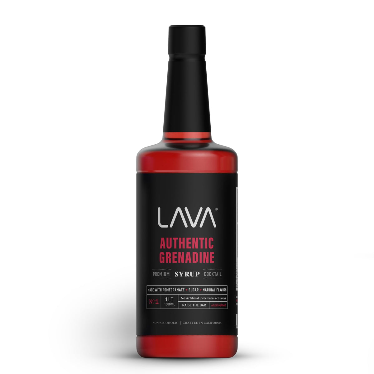 LAVA Premium Grenadine bottle on bar, showcasing a premium cocktail ingredient.