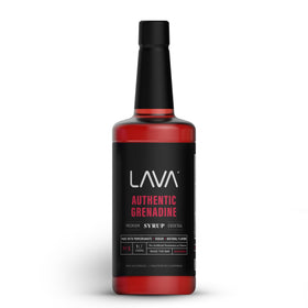 LAVA Premium Grenadine bottle on bar, showcasing a premium cocktail ingredient.