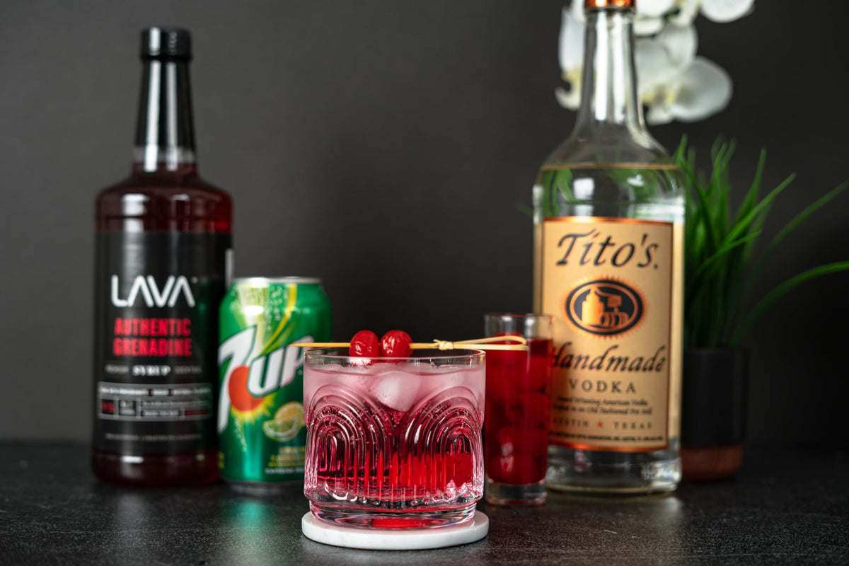 LAVA Grenadine label close-up, highlighting real pomegranate juice and clean ingredients.