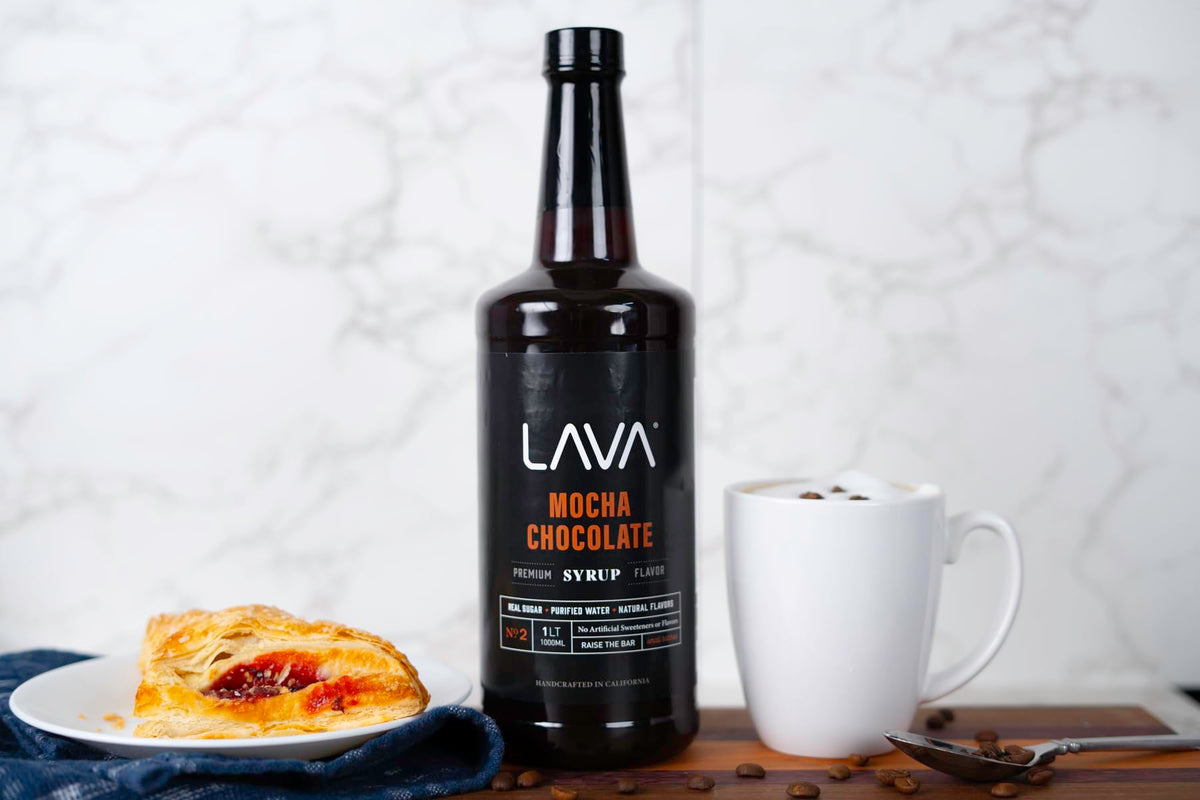 LAVA Premium Mocha coffee swirl on latte enhances flavor.
