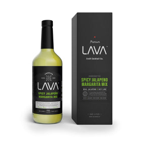 LAVA premium spicy jalapeño margarita mix bottle on bar ready for use.