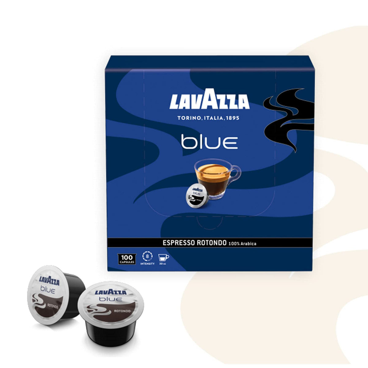 Lavazza BLUE Rotondo capsules image highlights dark roast body and smooth finish.