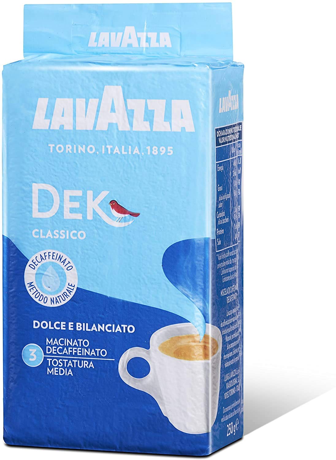 Lavazza Caffe Decaffeinato ground coffee bag for all brew methods, espresso-style flavor without caffeine