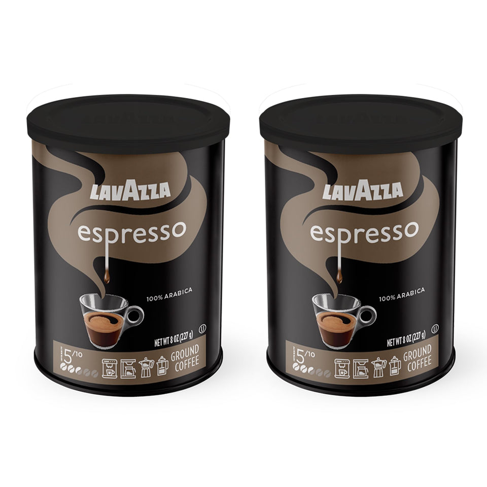 Lavazza Caffe Espresso ground coffee packaging close-up showing premium Arabica aroma
