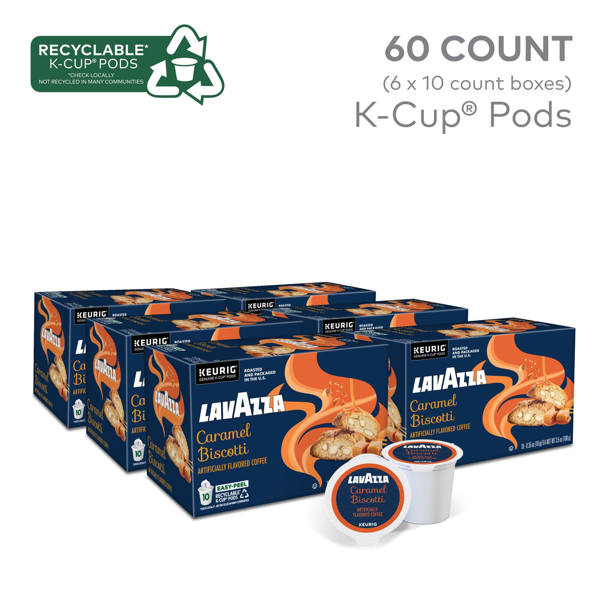 Lavazza Caramel Biscotti beans closeup highlights premium Arabica quality and aroma.