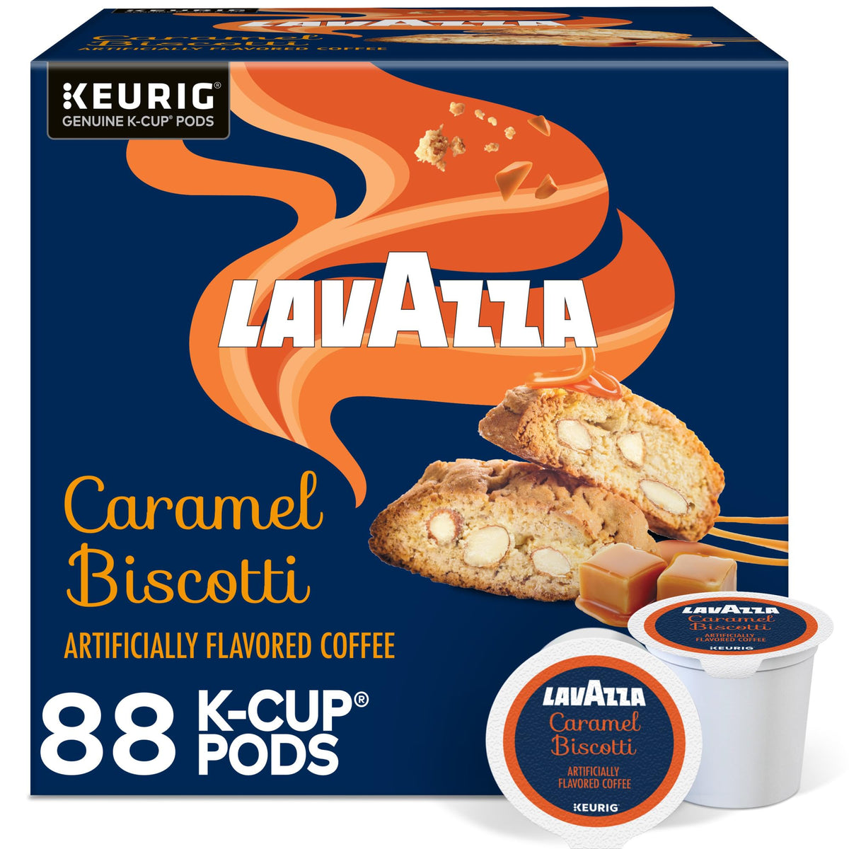 Lavazza Caramel Biscotti K-Cup pod for quick, indulgent mornings.