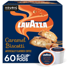 Lavazza Caramel Biscotti pod packaging shown for convenient single-serve mornings.