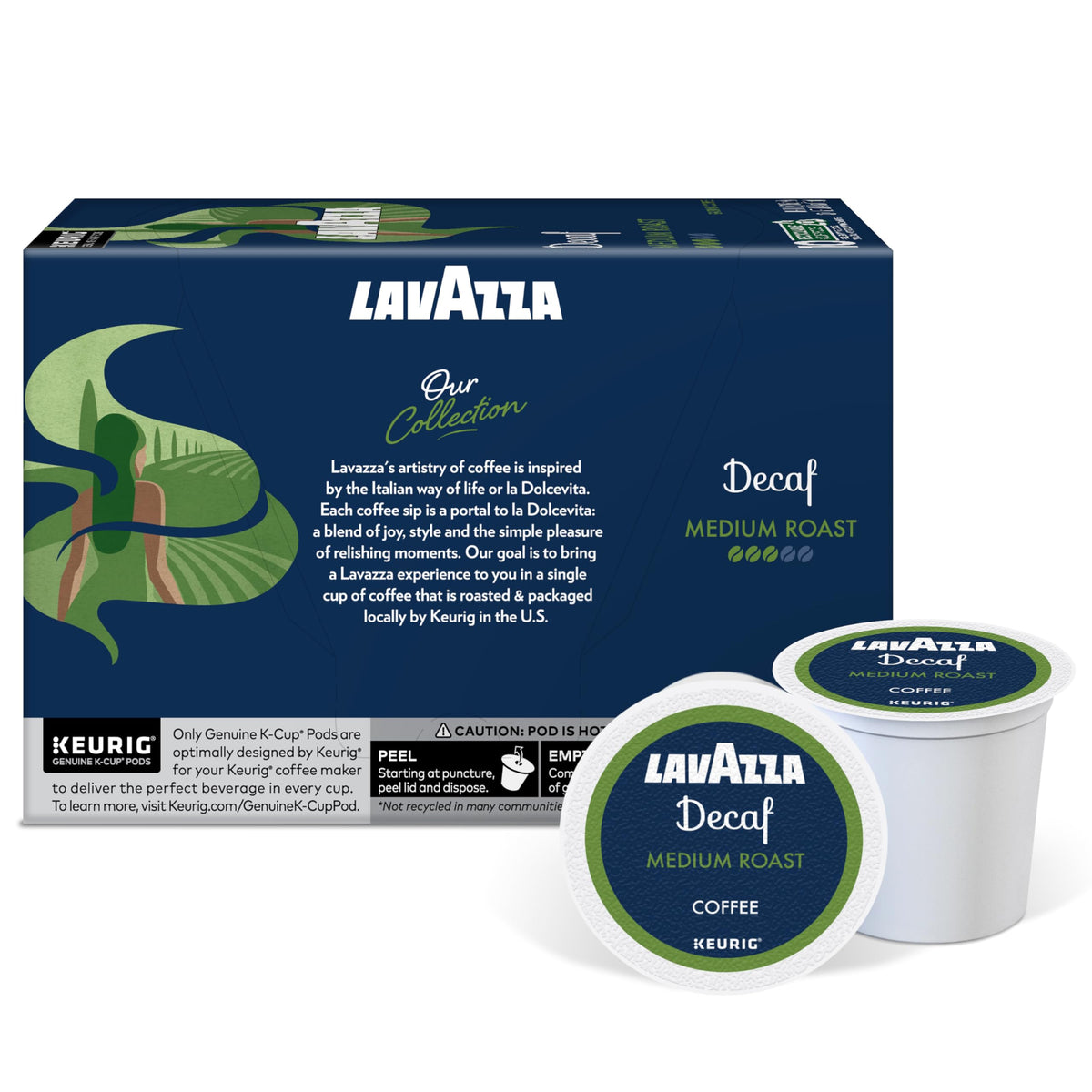 Lavazza Classico Decaf 100% Arabica beans delivering balanced flavor.