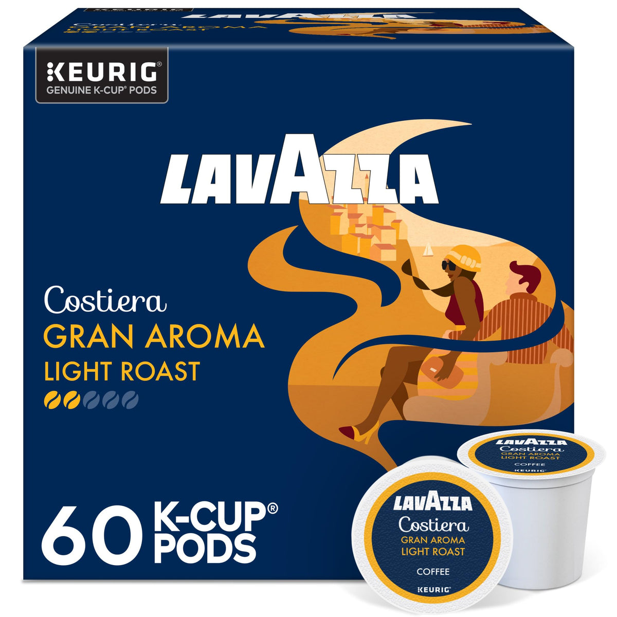 Lavazza Costiera box front shows the 60-count pod bundle for easy mornings.