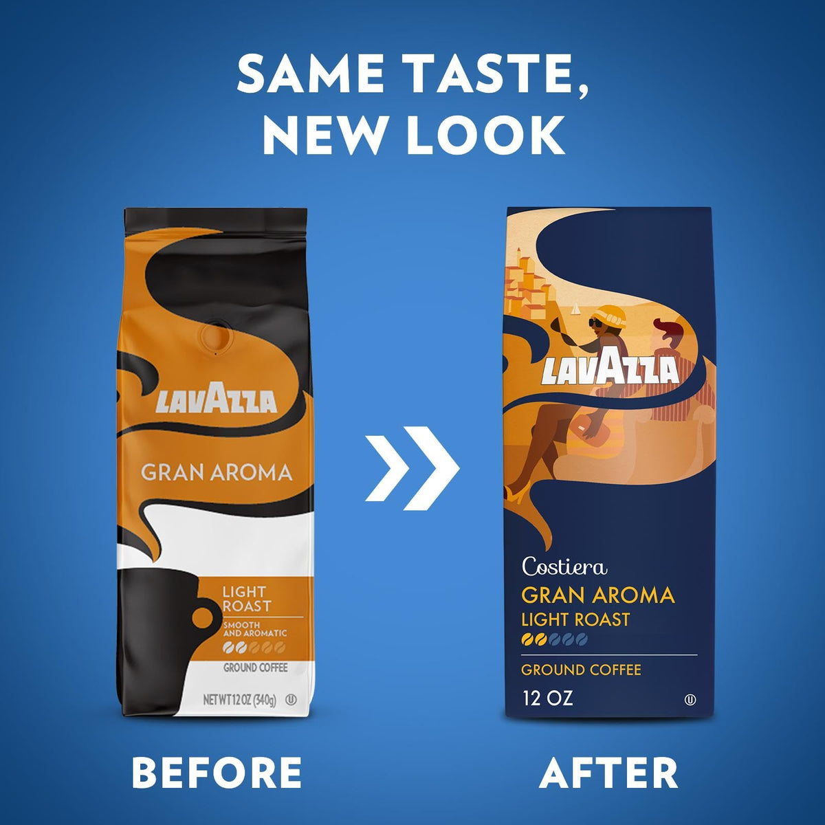 Close-up of 12oz Lavazza Costiera Gran Aroma bags showing floral aroma and citrus notes