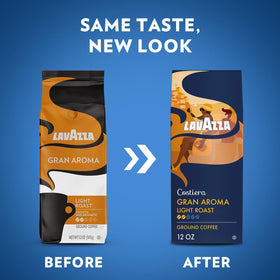 Close-up of 12oz Lavazza Costiera Gran Aroma bags showing floral aroma and citrus notes