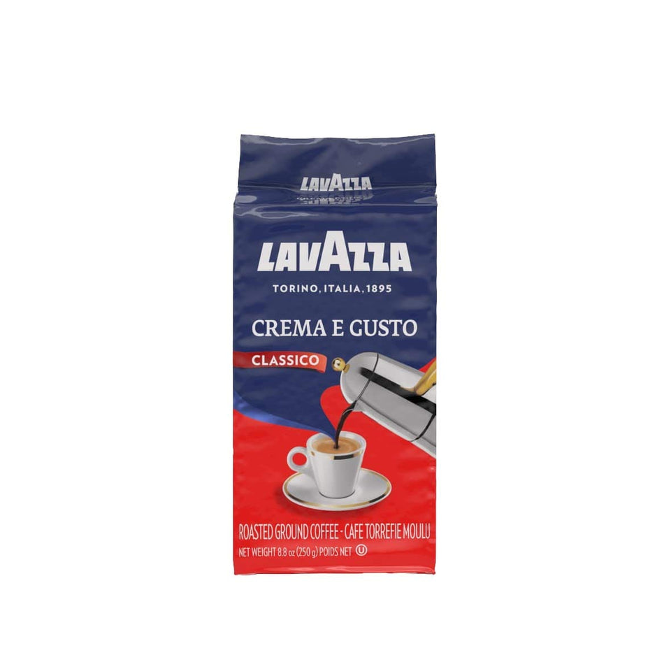 Lavazza Crema e Gusto Classico ground coffee bag showing premium Arabica-Robusta blend for espresso versatility