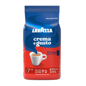 Lavazza Crema e Gusto coffee beans close-up showing rich, versatile flavor potential.