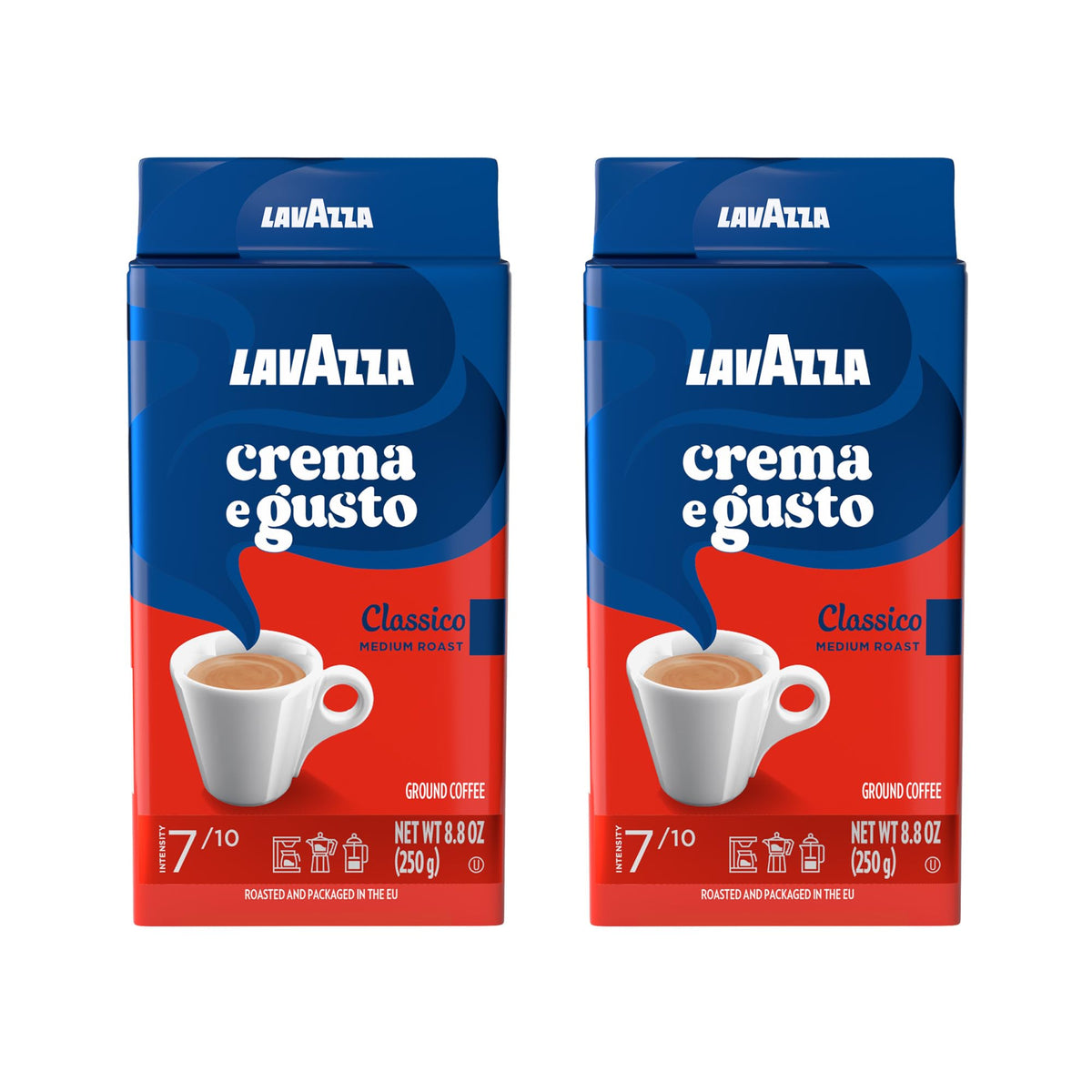 Lavazza Crema e Gusto two-pack ground coffee for espresso and drip brewing.