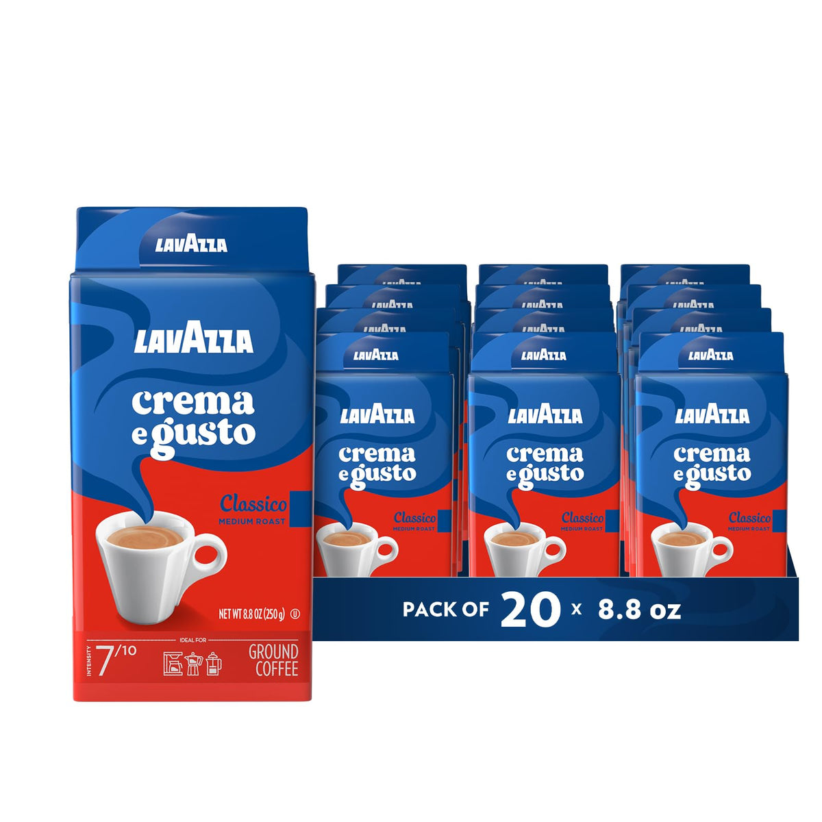 Lavazza Crema e Gusto ground espresso pack showing bold aroma and full body