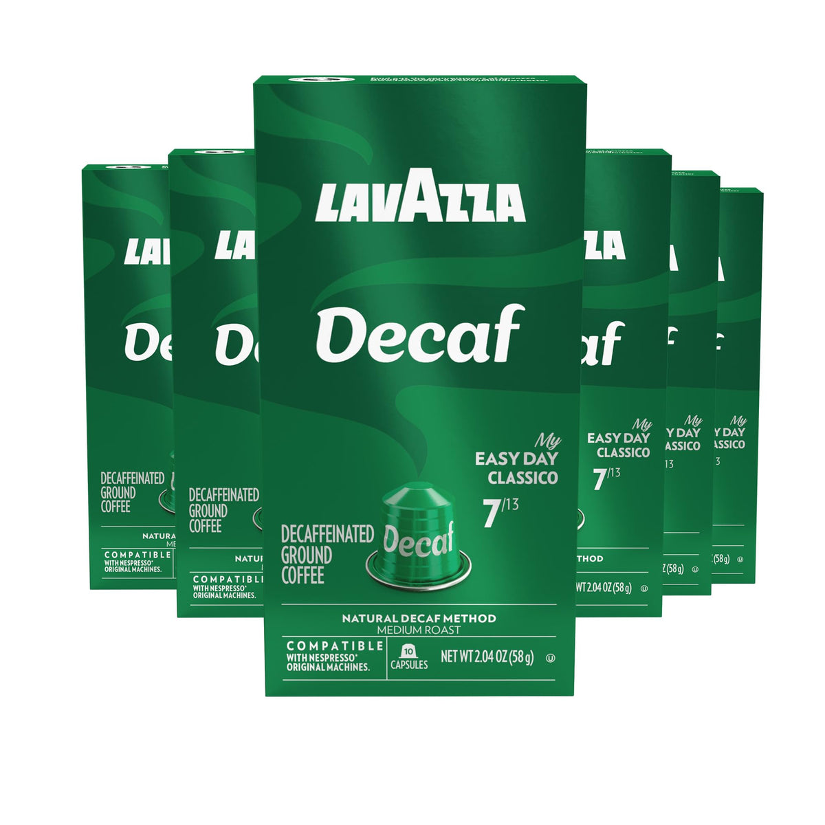 Lavazza Decaf aluminum capsules in box front for Nespresso Original machines for convenient daily brewing