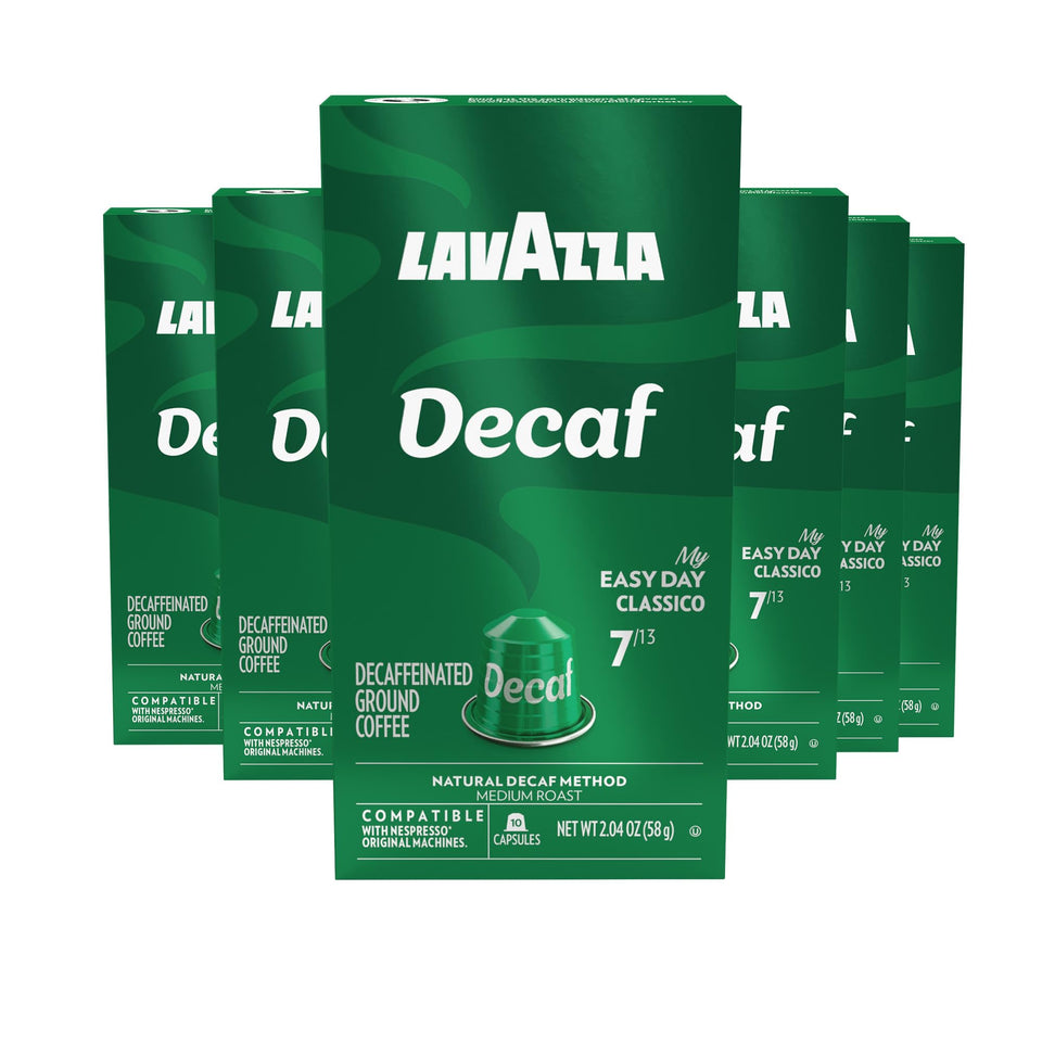 Lavazza Decaf aluminum capsules in box front for Nespresso Original machines for convenient daily brewing