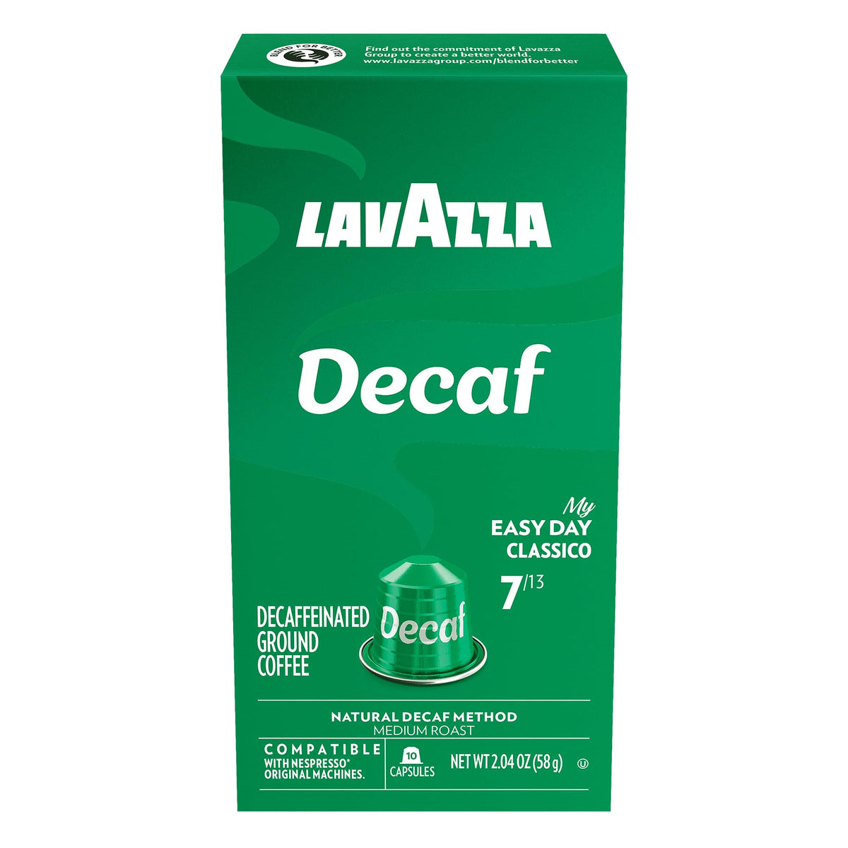 Lavazza Decaf aluminum capsules brewing in a Nespresso Original machine easy, reliable daily coffee