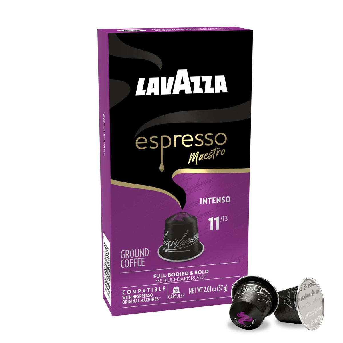 Lavazza Deciso capsules 10-pod pack closeup for easy stock and use.