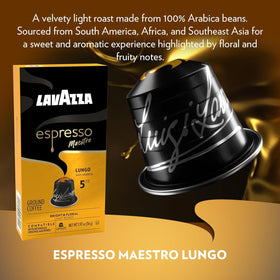 Lavazza Deciso espresso capsules—intense cocoa and wood notes for a bold finish.