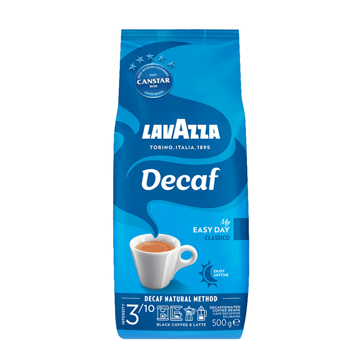Lavazza Dek decaf espresso beans in a bag, ideal for espresso and drip coffee.