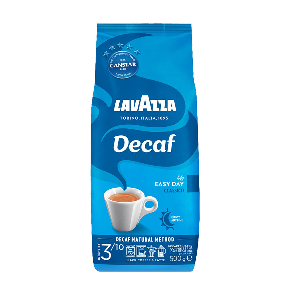 Lavazza Dek decaf espresso beans in a bag, ideal for espresso and drip coffee.