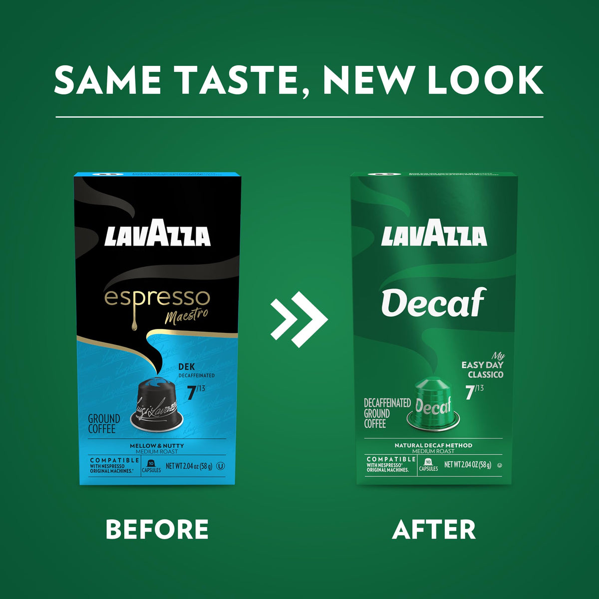 Lavazza DEK decaf medium roast capsules with balanced flavor for everyday espresso.